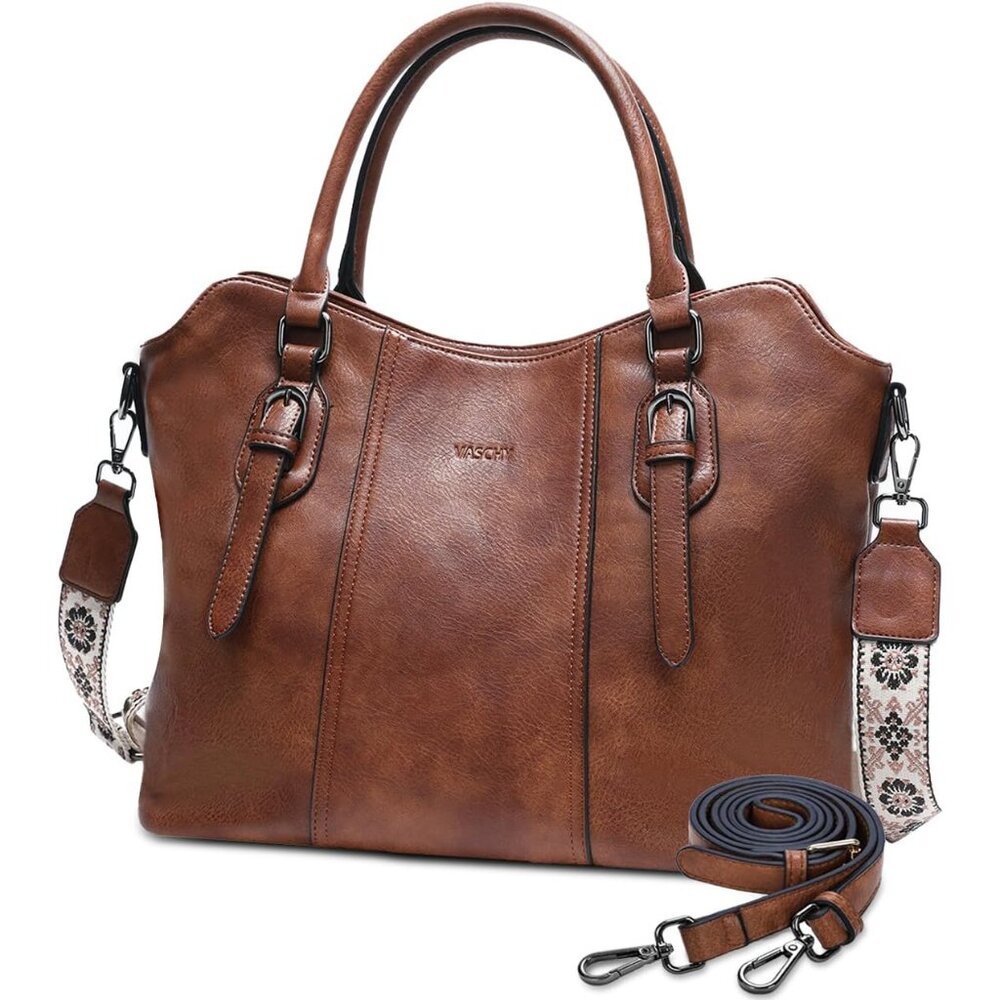 Elegant Brown Vegan Leather Satchel With Adjustable Straps And Zipper Closure